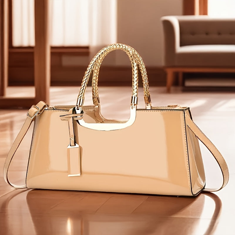 Elegant Black Patent Leather Evening Handbag - Golden-Tone Hardware & Top Handle, High-Quality for Weddings, Parties, Vacations - Women's Fashion Purse