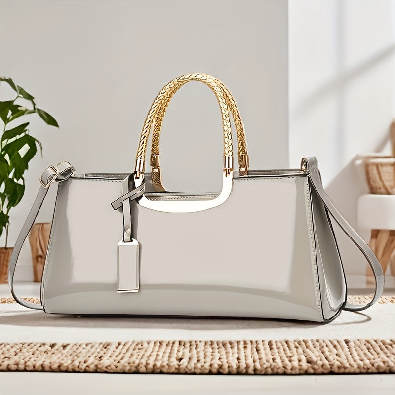 Elegant Black Patent Leather Evening Handbag - Golden-Tone Hardware & Top Handle, High-Quality for Weddings, Parties, Vacations - Women's Fashion Purse