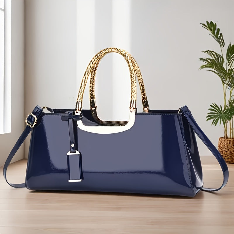 Elegant Black Patent Leather Evening Handbag - Golden-Tone Hardware & Top Handle, High-Quality for Weddings, Parties, Vacations - Women's Fashion Purse