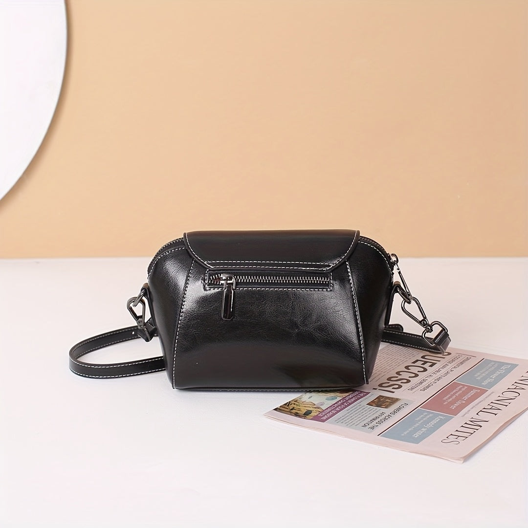 Vintage Black Genuine Leather Shoulder Bag for Women - Adjustable Detachable Strap, Zipper & Magnetic Closure, Compact Crossbody Handbag for Phone & Essentials, Retro Style.