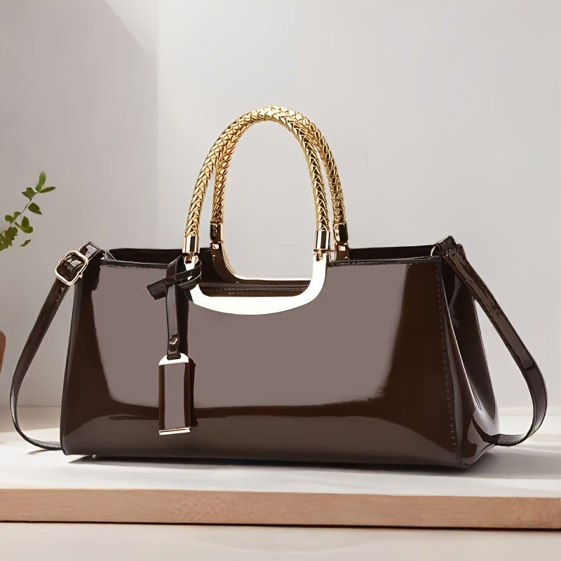 Elegant Black Patent Leather Evening Handbag - Golden-Tone Hardware & Top Handle, High-Quality for Weddings, Parties, Vacations - Women's Fashion Purse