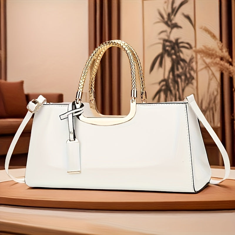 Elegant Black Patent Leather Evening Handbag - Golden-Tone Hardware & Top Handle, High-Quality for Weddings, Parties, Vacations - Women's Fashion Purse