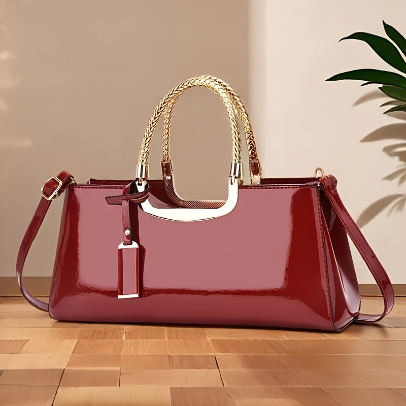 Elegant Black Patent Leather Evening Handbag - Golden-Tone Hardware & Top Handle, High-Quality for Weddings, Parties, Vacations - Women's Fashion Purse