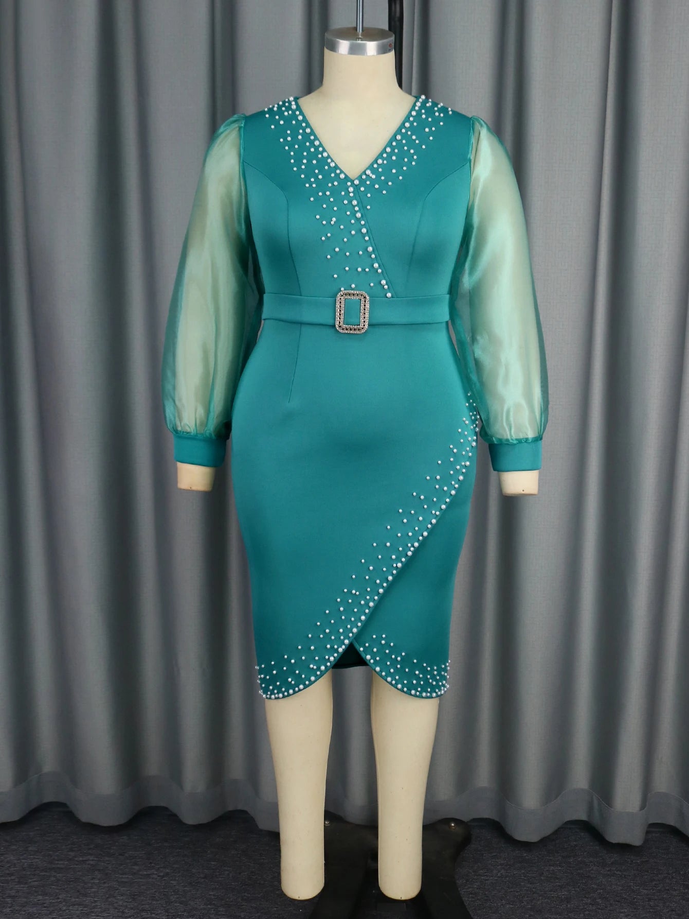 Tulle Lantern Sleeves V Neck Office Lady Beading Career Dress with Belt