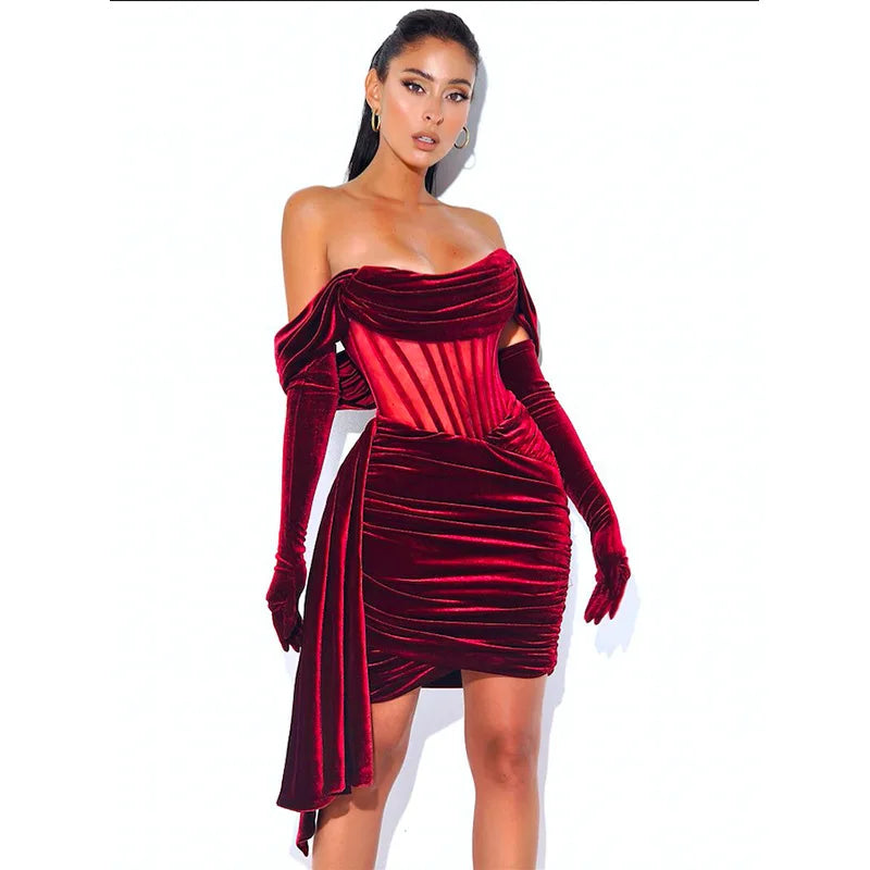Newest Christmas Red Off Shoulder Pleated Dress Women Mini Dress Lady Slim Fit Party Dress