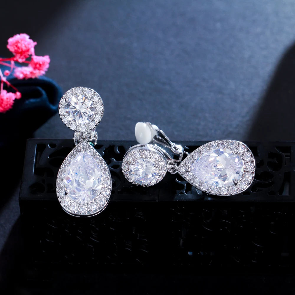 Non Pierced Ear Design Dangle Water Drop Cubic Zirconia Crystal Wedding Bridal Clip on Earring Without Piercing