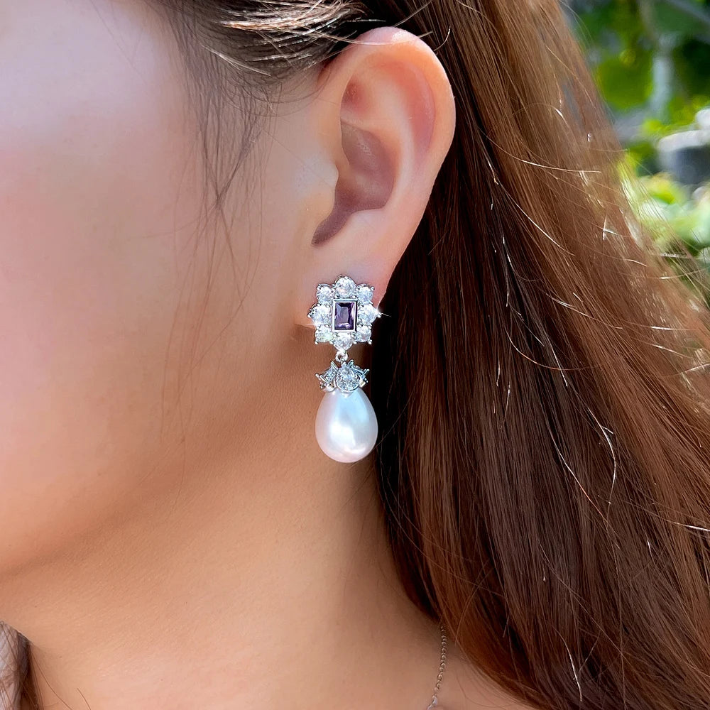 Romantic Purple Cubic Zirconia Imitation Pearl Long Dangle Drop Earrings for Women Daily Wear Special Occasions