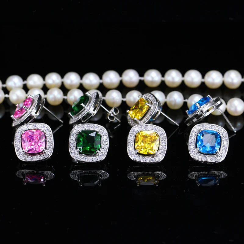 8 Color Options High Quality Square Shaped Cubic Zircon Stone Pink Crystal Fashion Stud Earrings for Women Daily Wear Jewelry