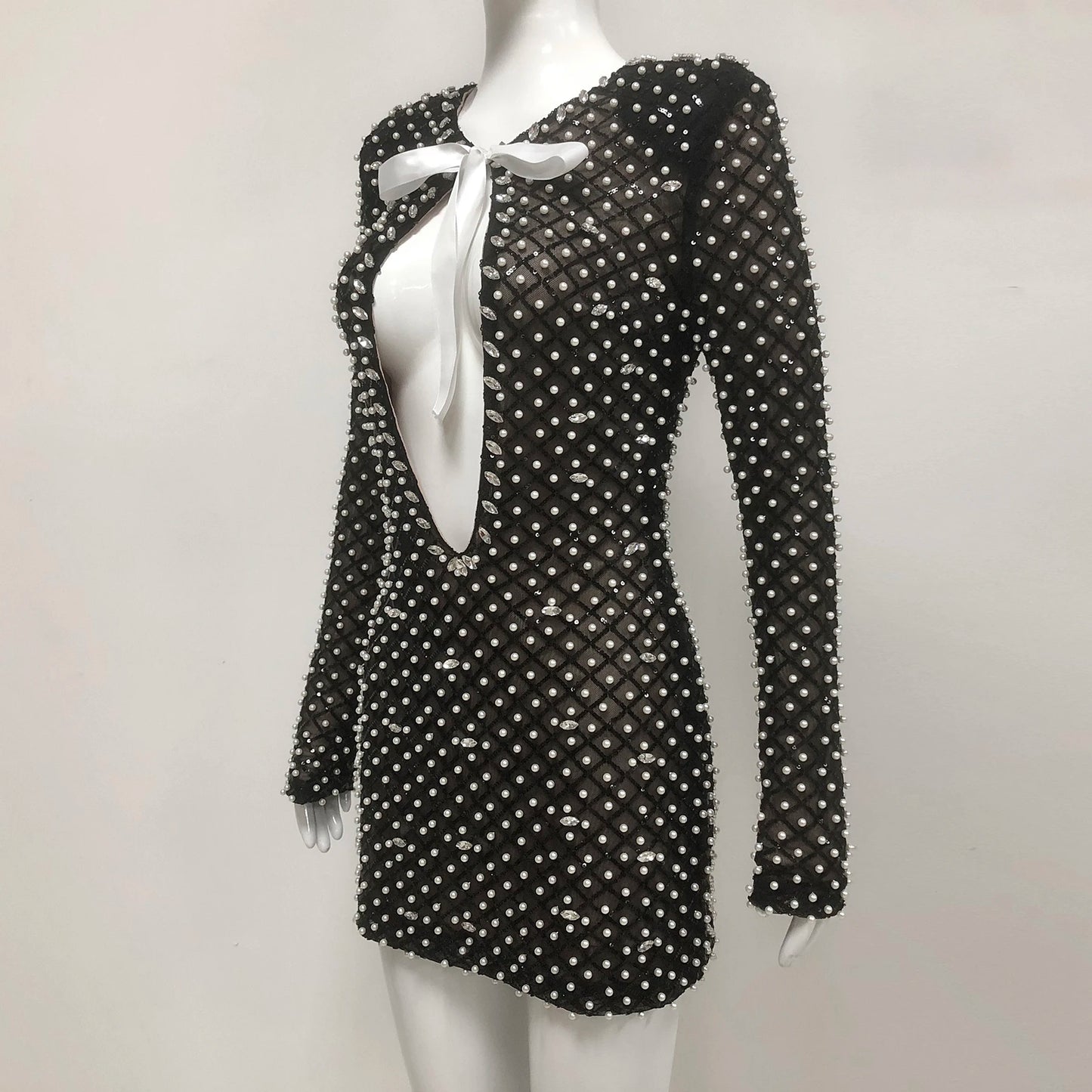 Women Pearls Sequin Black Mini Dress Cut-out Short Party Wear Club Dresses Outfits for Women Sexy