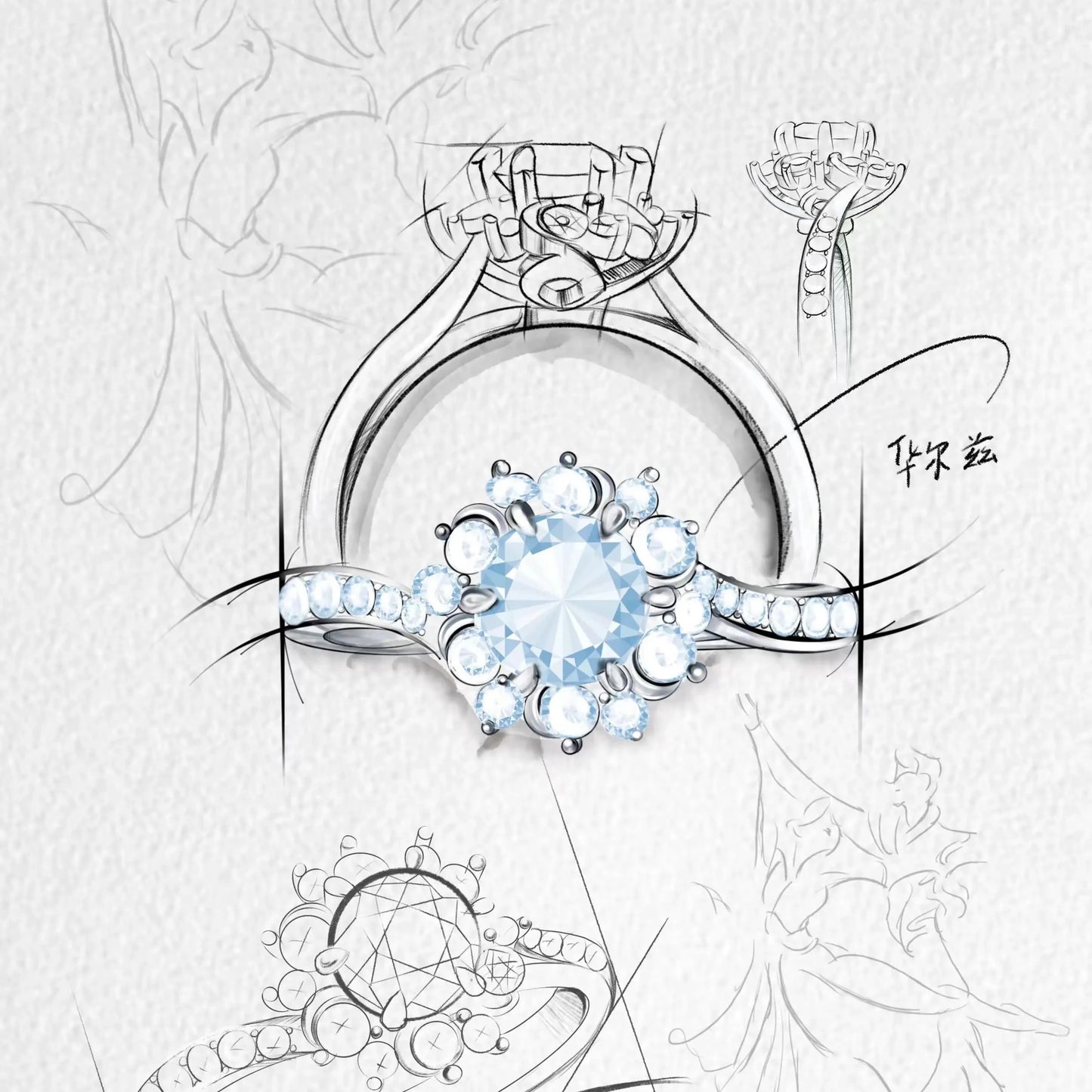 18K Solid White Gold Natural Diamond Ring Love Ring with Floral Design Gift for Couples