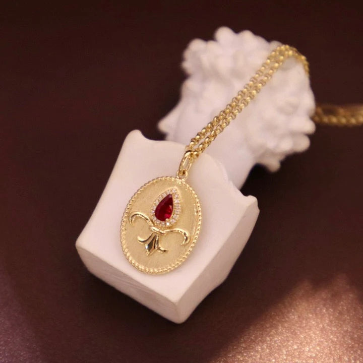 2025 Elegant Classic Oval Flower 18K Solid Yellow Gold Pendant Natural Red Ruby Diamond Gemstone Fine Jewelry for Women's Party