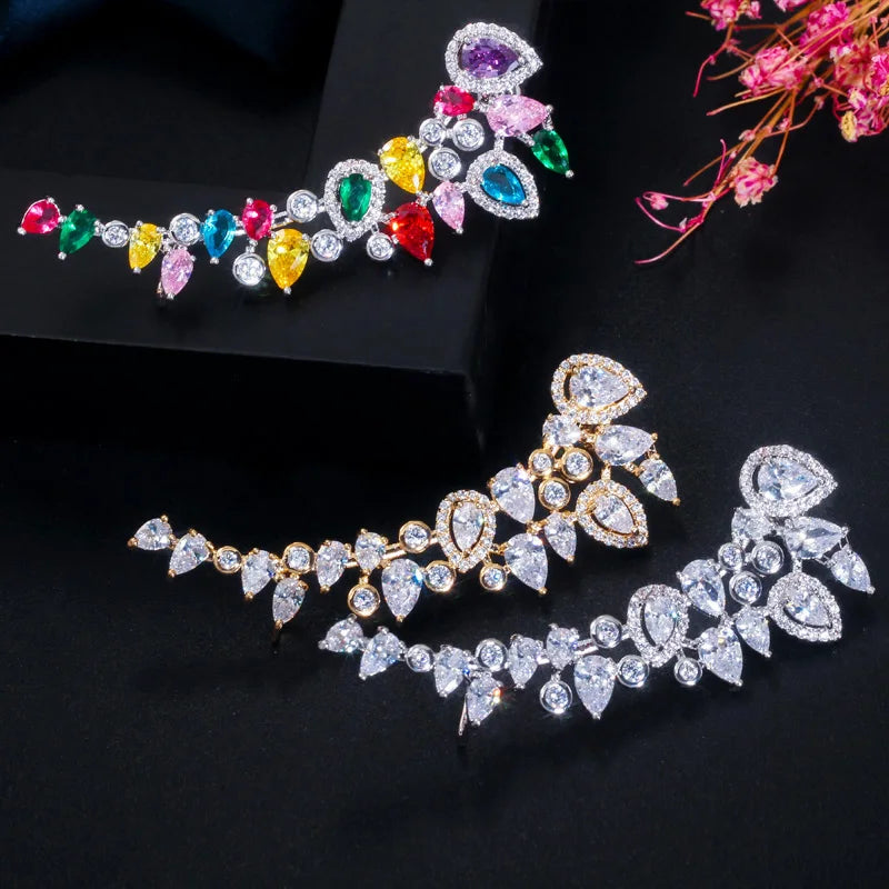 CZ Rainbow Color Water Drop Long Asymmetrical Ear Climber Clamp Cuff Stud Earrings for Wife Sister Gift Unique Design