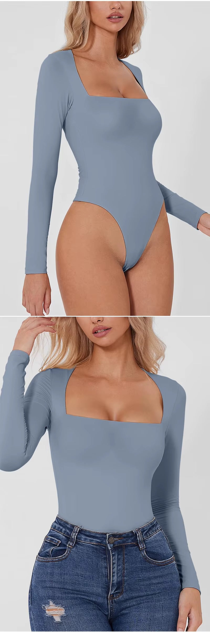 2PCS New Style Women's Sexy Square Neck Bodysuit Long Sleeve Double Lined Shirt Tops