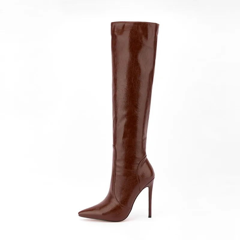Fashion Style Crazy Horse Pattern Pointy Toe Long Boots Side Zipper Stiletto High Heel Knee High Boots for Women