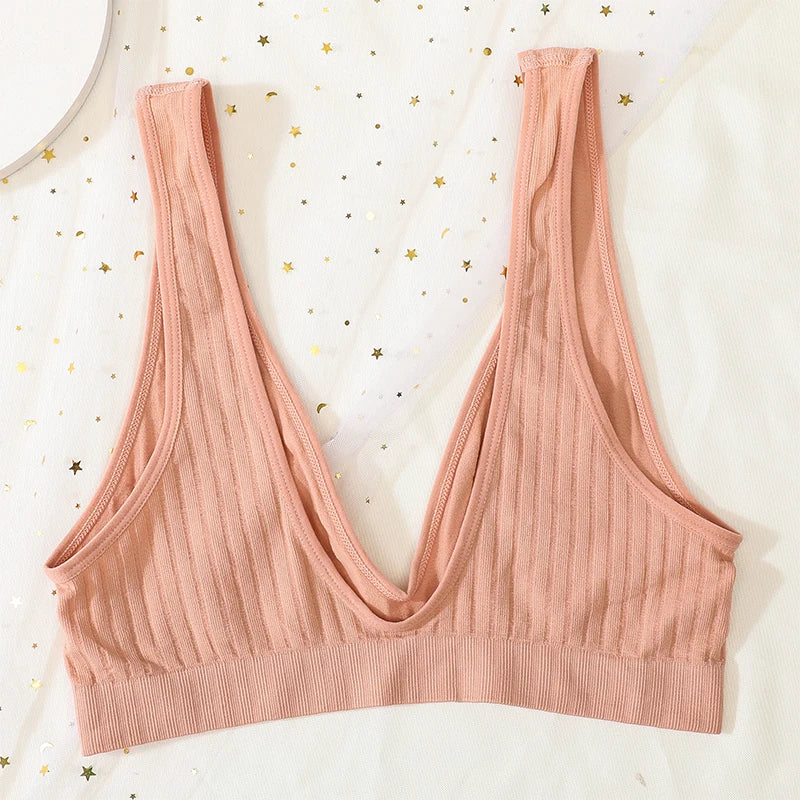 V-neck Push Up Bras For Women Seamless Bra Sexy Lingerie Female Low Back Ribbed Bralette Sleep Underwear Unlined Bra Crop Tops