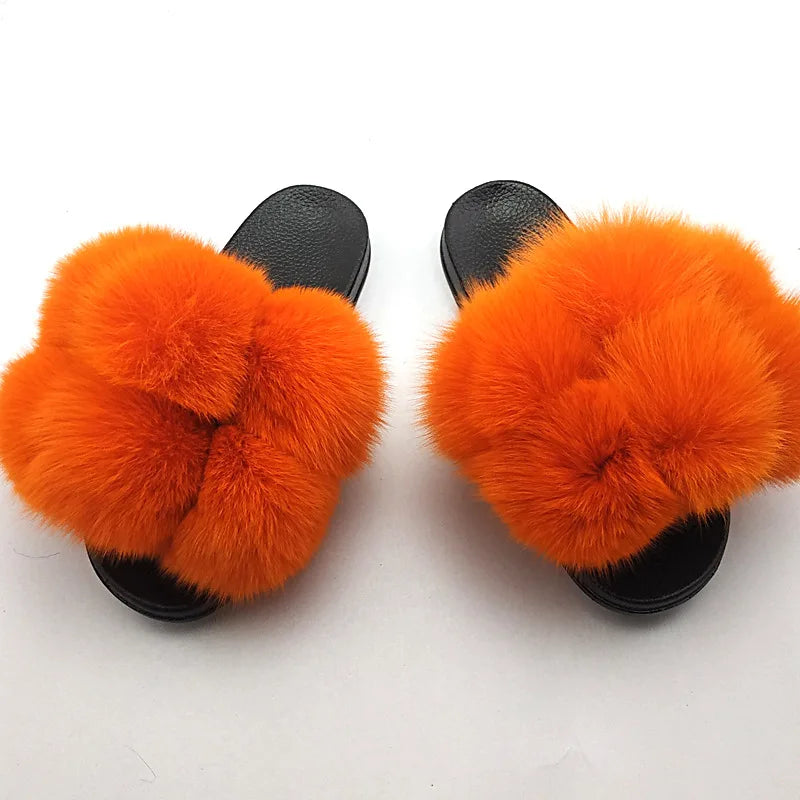 Woman Elegantes Adjustable Slides Fluffy Platform Sandal Rainbow Faux Fur Slippers
