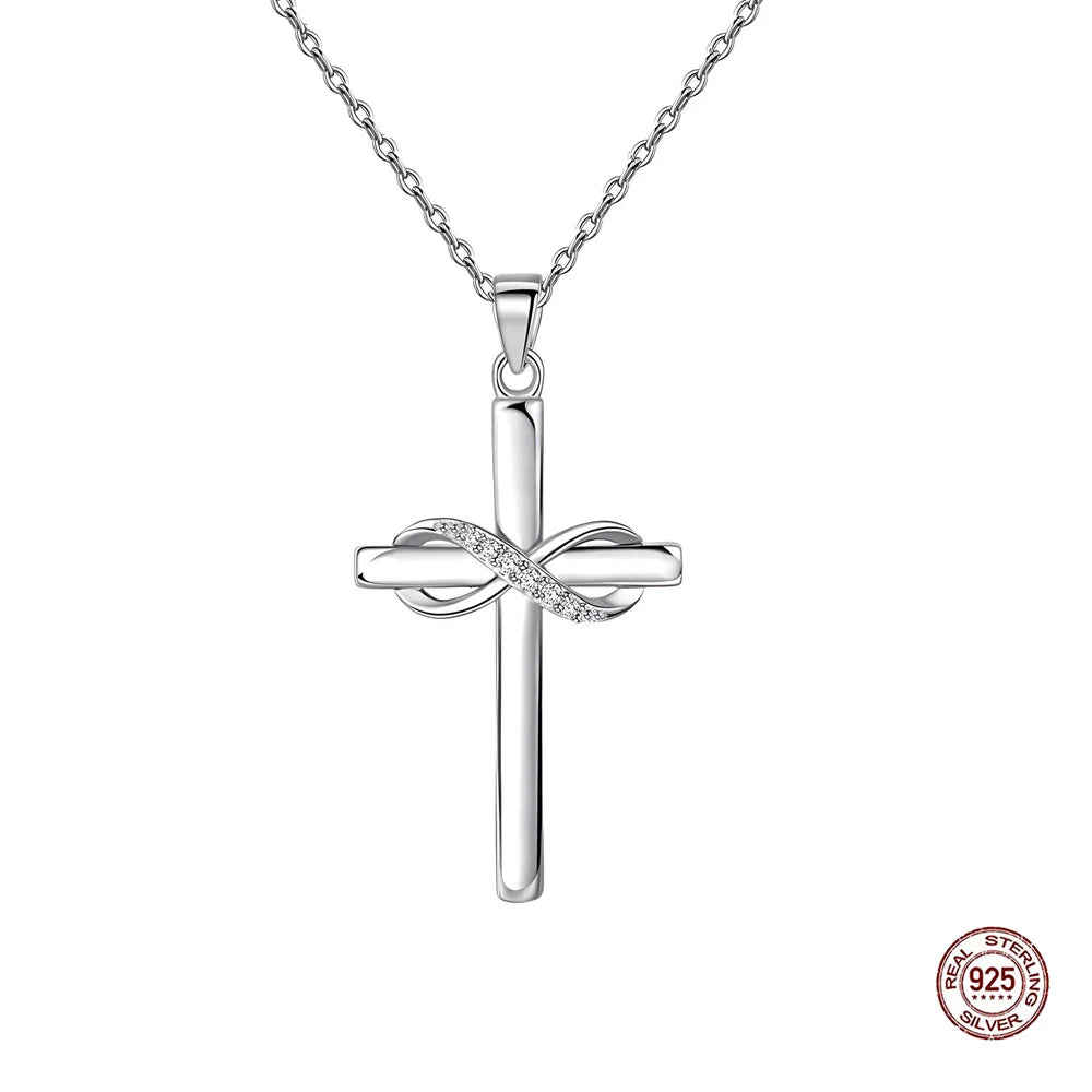 Fashionable Cubic Zircon 925 Sterling Silver Chain Link Infinite Symbol Cross Pendant Necklace for Women Men Daily Wear Jewelry