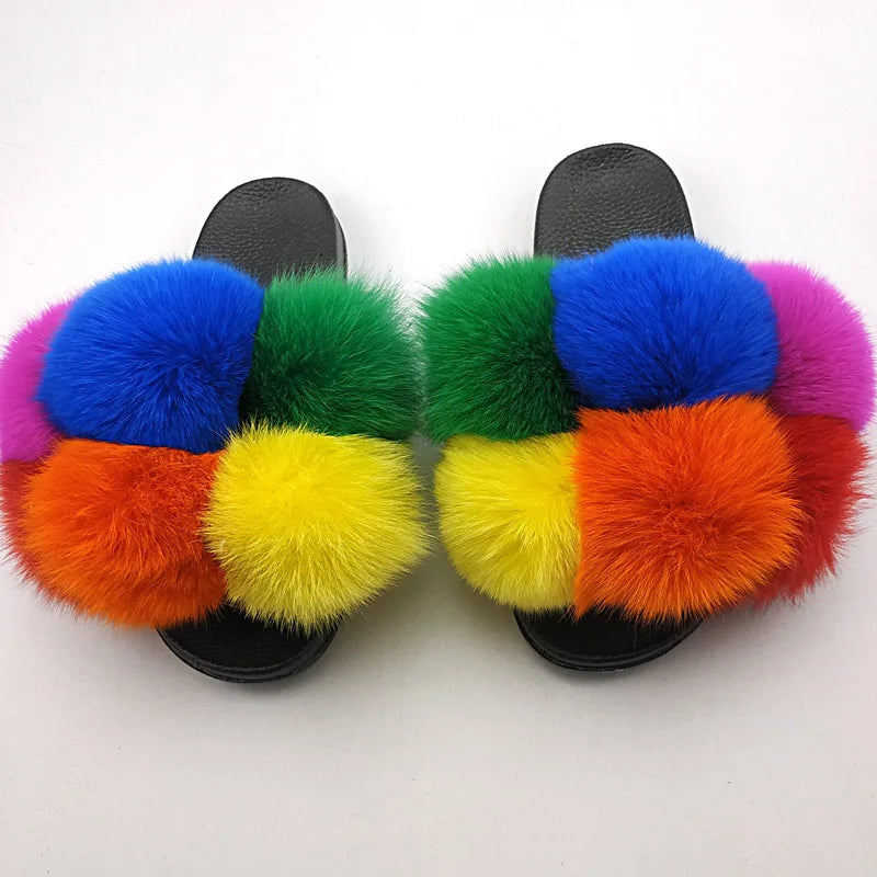 Woman Elegantes Adjustable Slides Fluffy Platform Sandal Rainbow Faux Fur Slippers