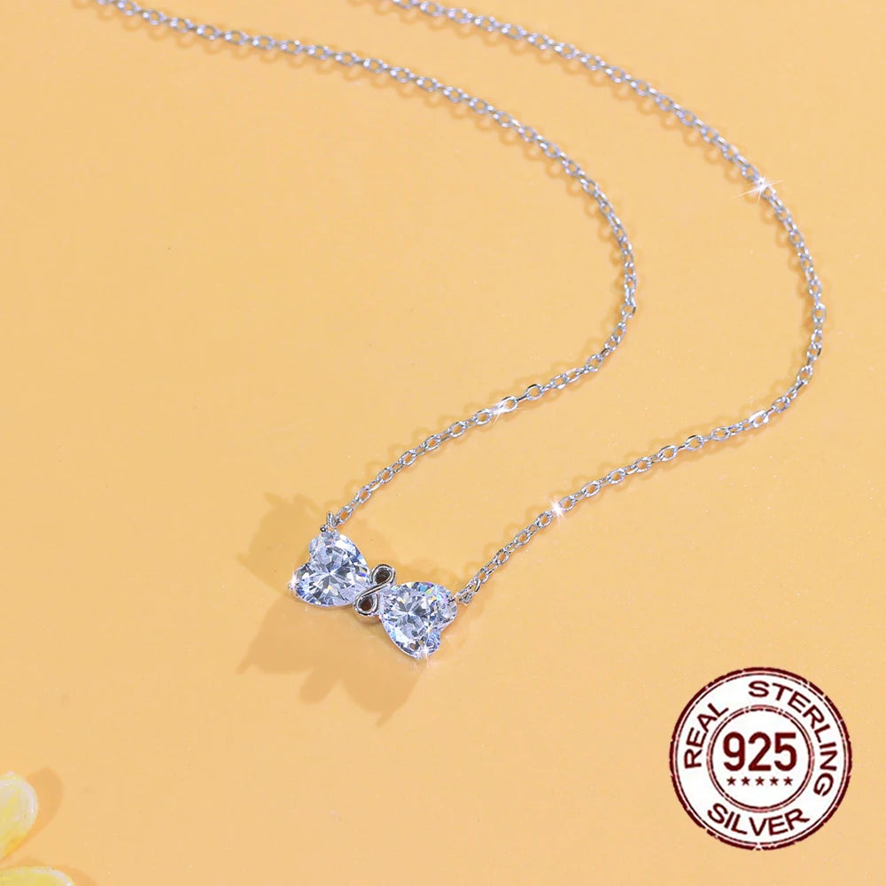 Sparkling S925 Sterling Silver Jewelry Heart Cubic Zirconia Romantic White Bow Pendant Necklace for Women Birthday Dating Gifts