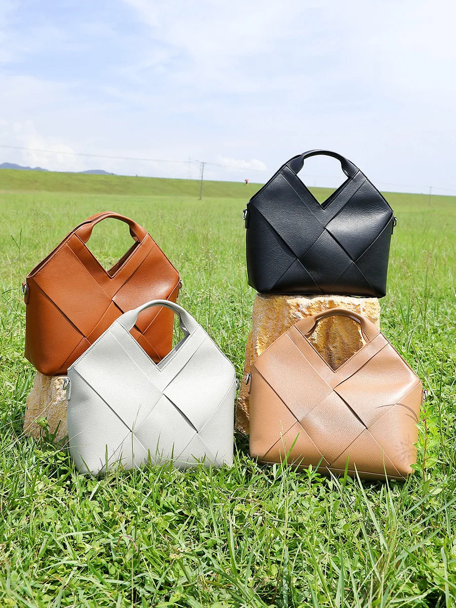 Genuine Cowhide Leather Female Handbags Woven Crossbody Shoulder Totes for Women Open Closure Type for All seasons