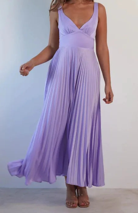 2025 New Fashion Summer Women's Deep V-Neck Sexy Slim Sleeveless High Waist Pleated Solid Color Long Dress