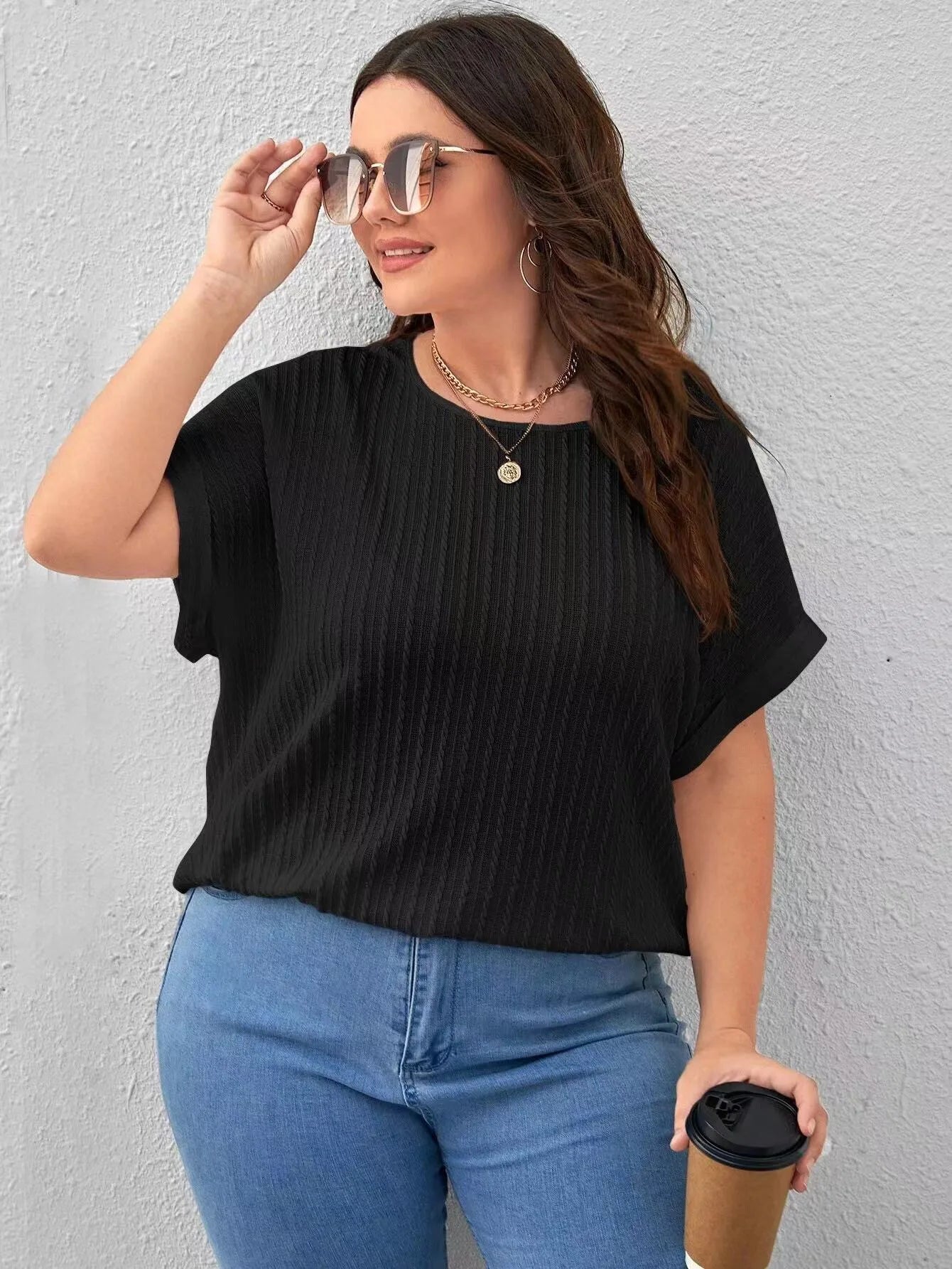 Fashion Women's 2025 Summer New Large Solid Color Short sleeved T-shirt