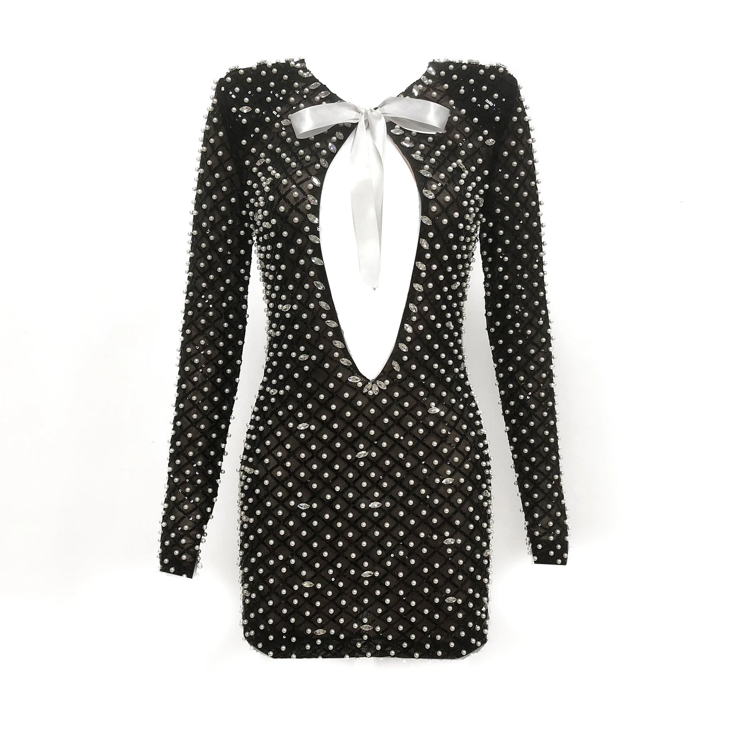 Women Pearls Sequin Black Mini Dress Cut-out Short Party Wear Club Dresses Outfits for Women Sexy