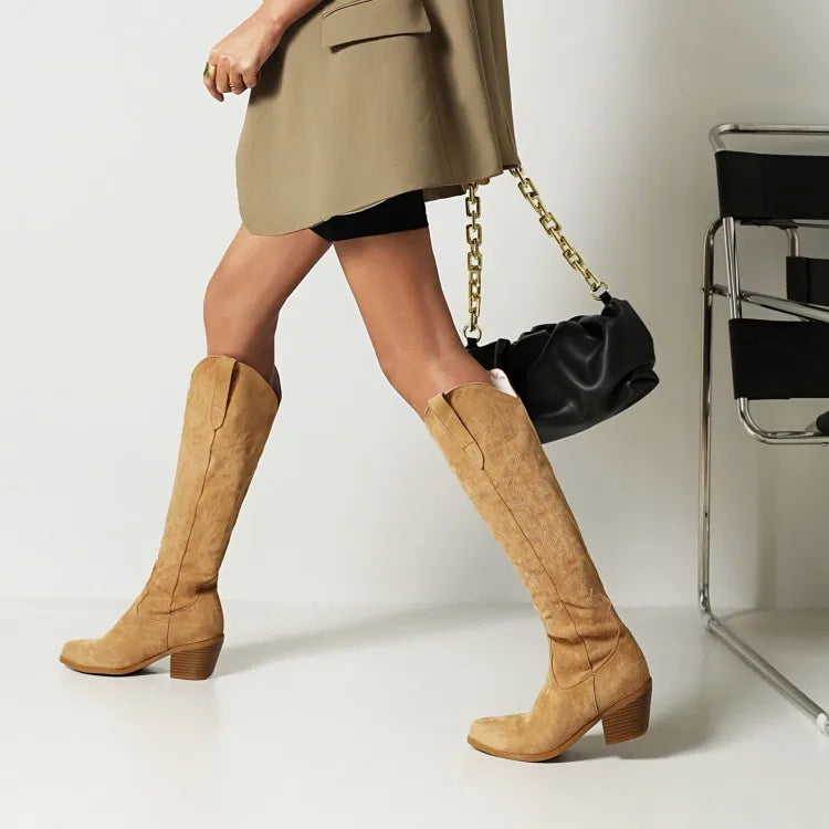 Women's Embroidered Western Cowboy Boots Knee High Stitching Almond Toe Medium Chunky Heel Pointy Toe Fashion Retro Classic Boot