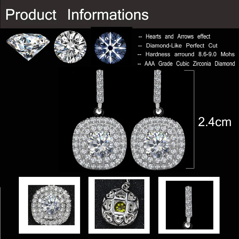 Quality Mirco Paved Full Cubic Zirconia Square Shiny White CZ Stone Dangle Drop Earrings for Women Classic Chic Fashion Jewelry