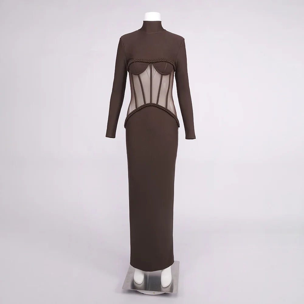 Sexy New Design See-Through Mesh Dress Corset Long Sleeve Maxi Cocktail Party Evening Dress