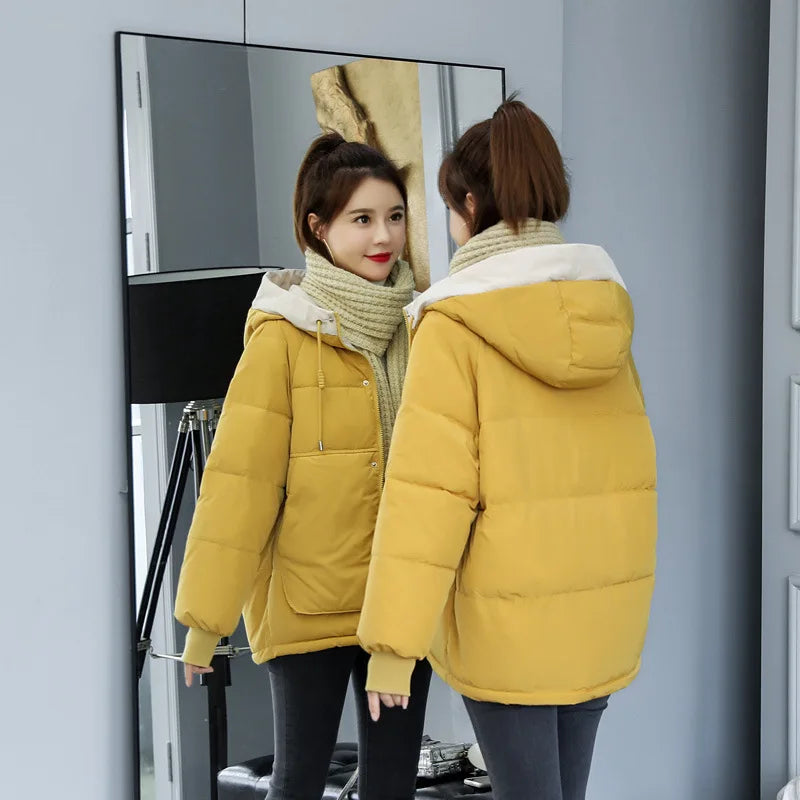 2025 Winter New Women's Classic Padded Jacket Casual Slim Short Coat with Hood Long Sleeve Solid Color Zipper Loose Casual Style