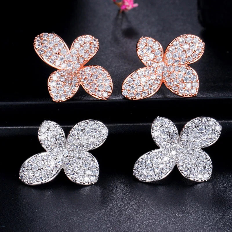 Graceful Design Rose Gold Plated Cubic Zircon Flower Stud Earrings for Women Party Daily Wear Appointment Gift