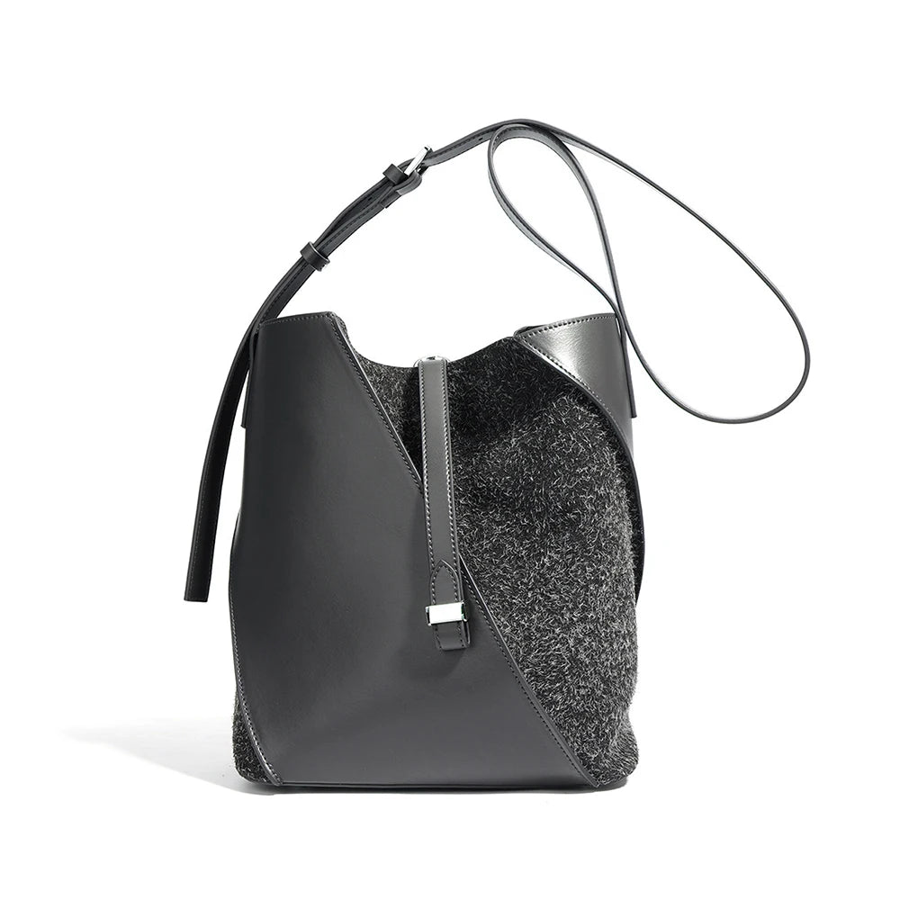 Large Capacity Genuine Cowhide Leather Bucket Bag Fashion Trendy Suede Shoulder Purse for Ladies Soft Vintage Style for Summer