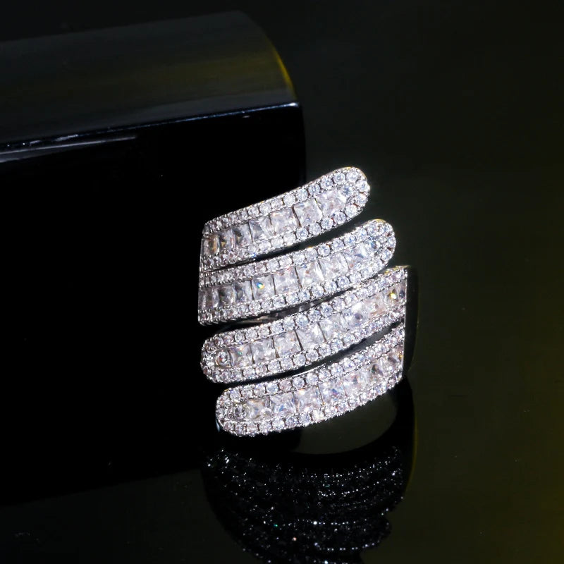 Luxury Dubai Gold Silver Color Cubic Zirconia Big Resizable Ring for Women Cocktail Party Jewelry Accessories