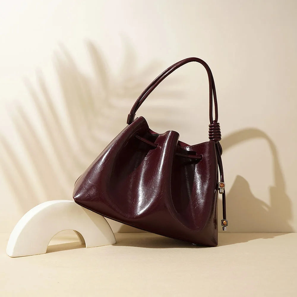 Ladies Luxury Genuine Cowhide Leather Drawstring Bucket Handbag Vintage Women's Quality Bag for All Seasons