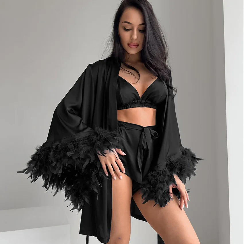 High Quality Feather Women Sexy Lingerie Robe Seductive Women Pajamas Set Women's Underwear Pajamas
