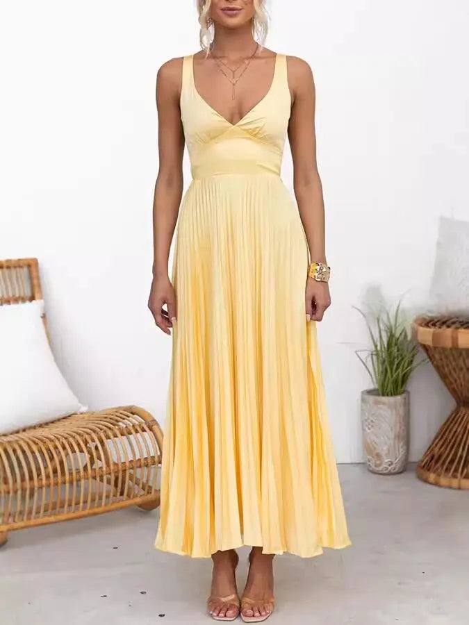 2025 New Fashion Summer Women's Deep V-Neck Sexy Slim Sleeveless High Waist Pleated Solid Color Long Dress