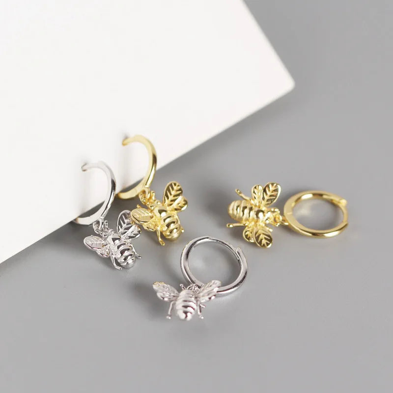 New Fashion 925 Sterling Silver Plain Dangling Animal Bee Shape Insects 18k Gold Plated Hoop Earrings for Women