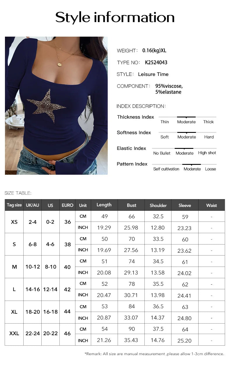 2025 Spring Summer Fashion Casual Sexy Women's T-Shirt with Low-cut Square Neck Pentagram Long Sleeve