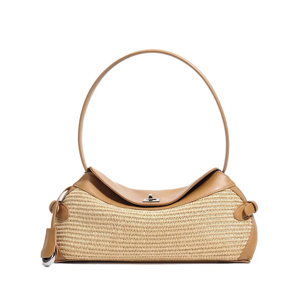 High Quality Genuine Leather Women's Handbag Casual Crossbody Sling Raffia Shoulder Bag PP Straw Fashionable Female Tote Bag