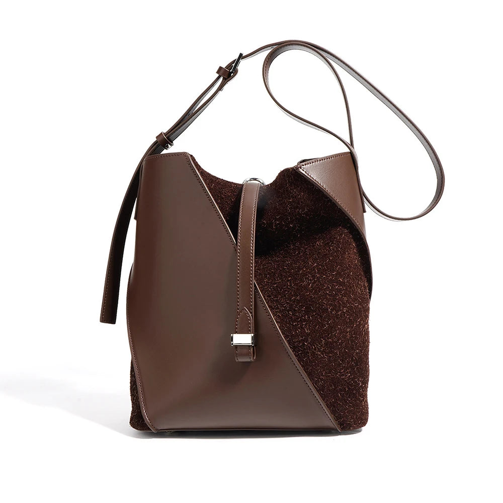 Large Capacity Genuine Cowhide Leather Bucket Bag Fashion Trendy Suede Shoulder Purse for Ladies Soft Vintage Style for Summer
