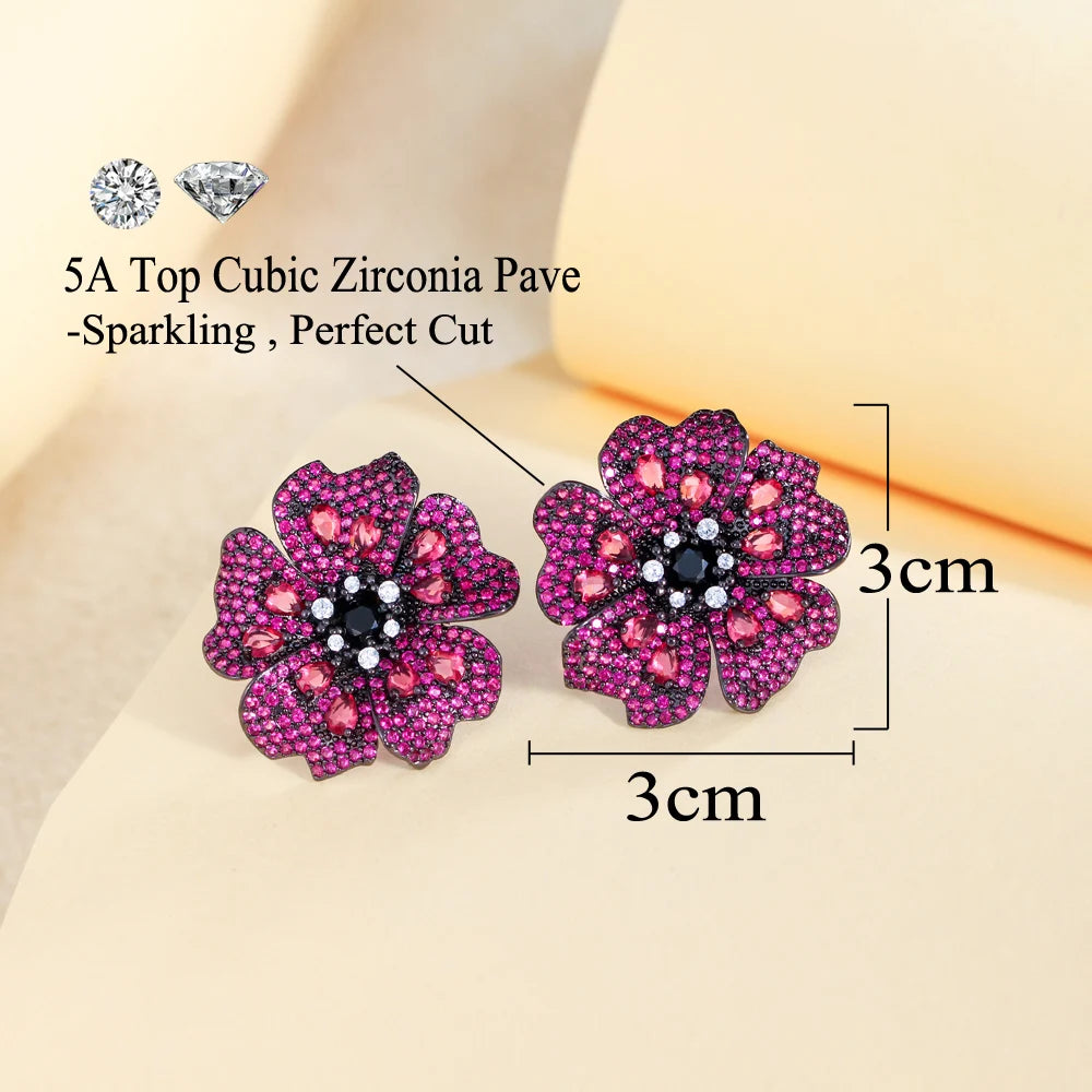 Luxury Rose Red Cubic Zirconia Big Flower Stud Earrings for Women Fashion Elegant Daily Party Costume Jewelry