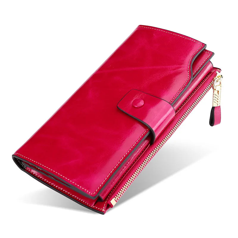Fashion Real Leather Women RFID Clutch Purse with Strap Long Handle Wallet