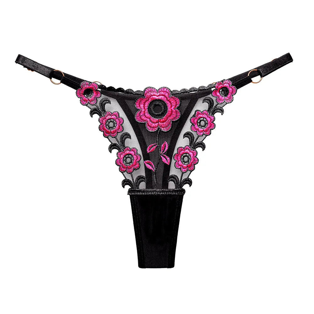 Lady Panties Elegant Floral Embroidery Lace Thong Set for Women Low Waist Hollow Out Underwear with Elastic for Wedding