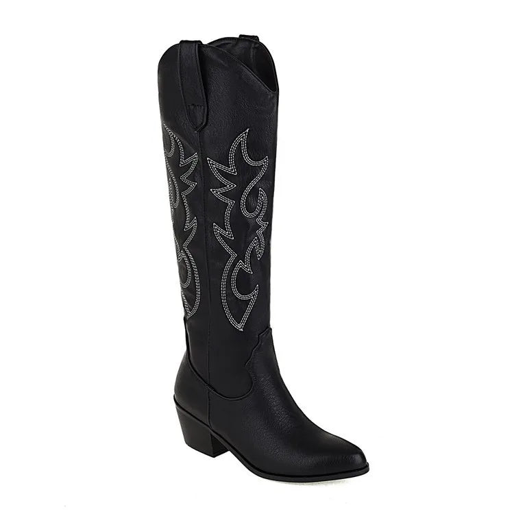 Women's Embroidered Western Cowboy Boots Knee High Stitching Almond Toe Medium Chunky Heel Pointy Toe Fashion Retro Classic Boot