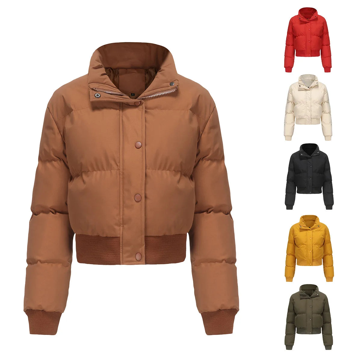 2025 Winter Women Padded Short Coat Solid Color Quilted Jacket Long Sleeve Stand Collar Zipper Button Warm Casual Bread Coat