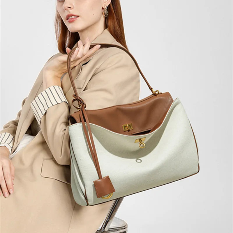 Large Capacity Luxury Women's Genuine Leather Canvas Tote Bag 2025 Handbag with Excellent Comfort and Style