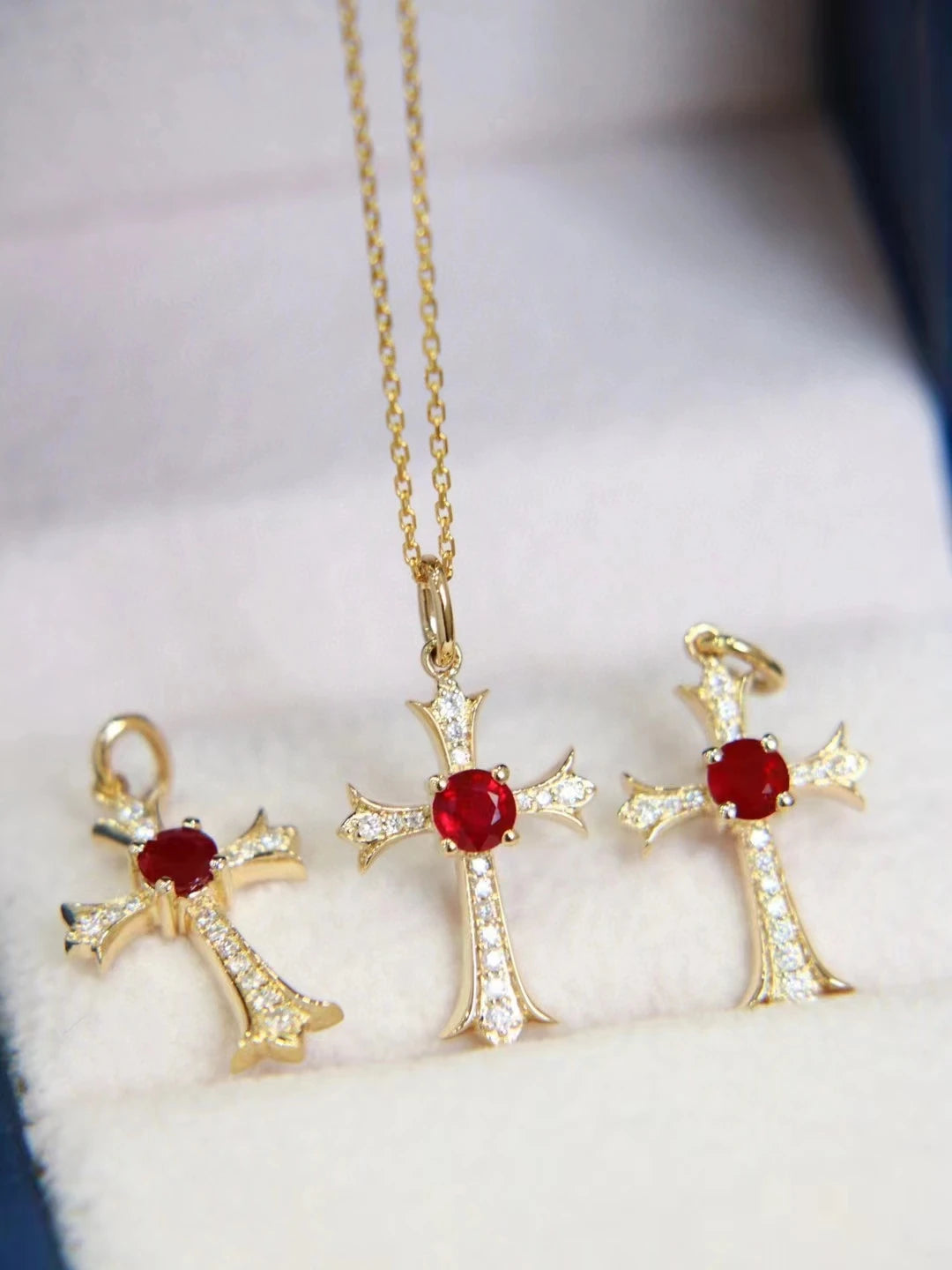 18K Gold Cross Pendant Natural Ruby Diamond Moissanite Jesus Hiphop Birthstone Necklace Pendants Charms