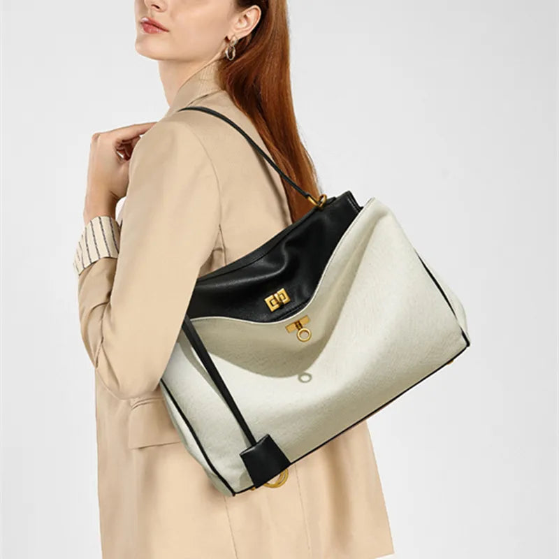 Large Capacity Luxury Women's Genuine Leather Canvas Tote Bag 2025 Handbag with Excellent Comfort and Style