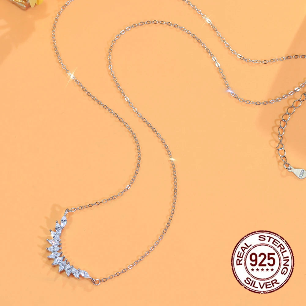 Fine Jewelry S925 Sterling Silver White Marquise Cut Cubic Zirconia Arc Pendant Necklace for Women Lady Valentine's Day Gifts